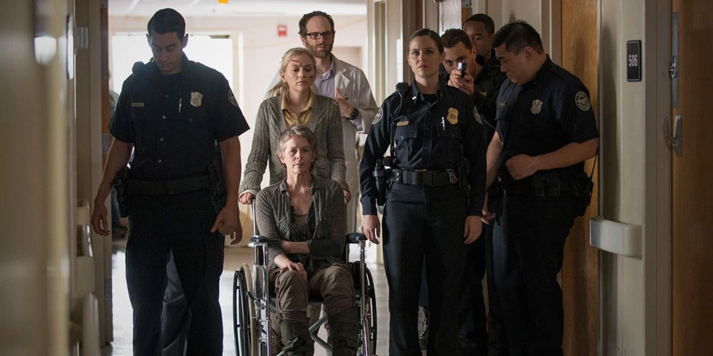 Police Officers walking through the halls of Grady Memorial Hospital in the Walking Dead.