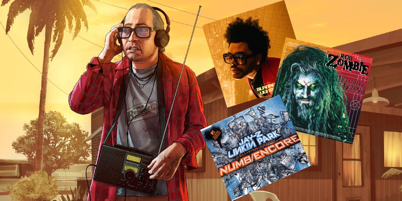 Artwork of Ron from GTA 5 listening to the radio, with single covers for The Weeknd's Blinding Lights, Rob Zombie's Dragula, and Jay-Z and Linkin Park's Numb / Encore floating to the right.