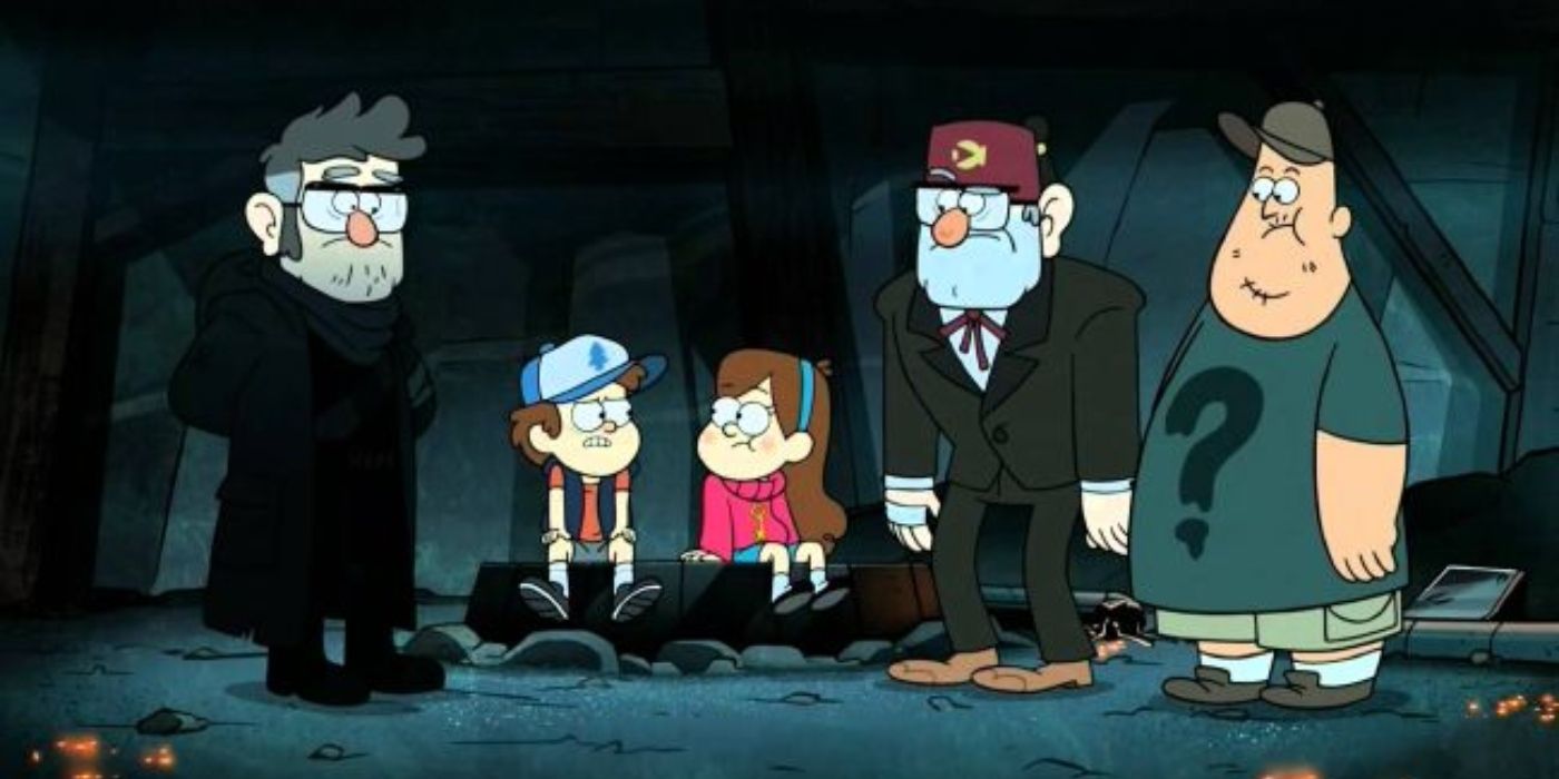 Ford, Dipper, Mabel, Stan, and Soos standing together in Gravity Falls