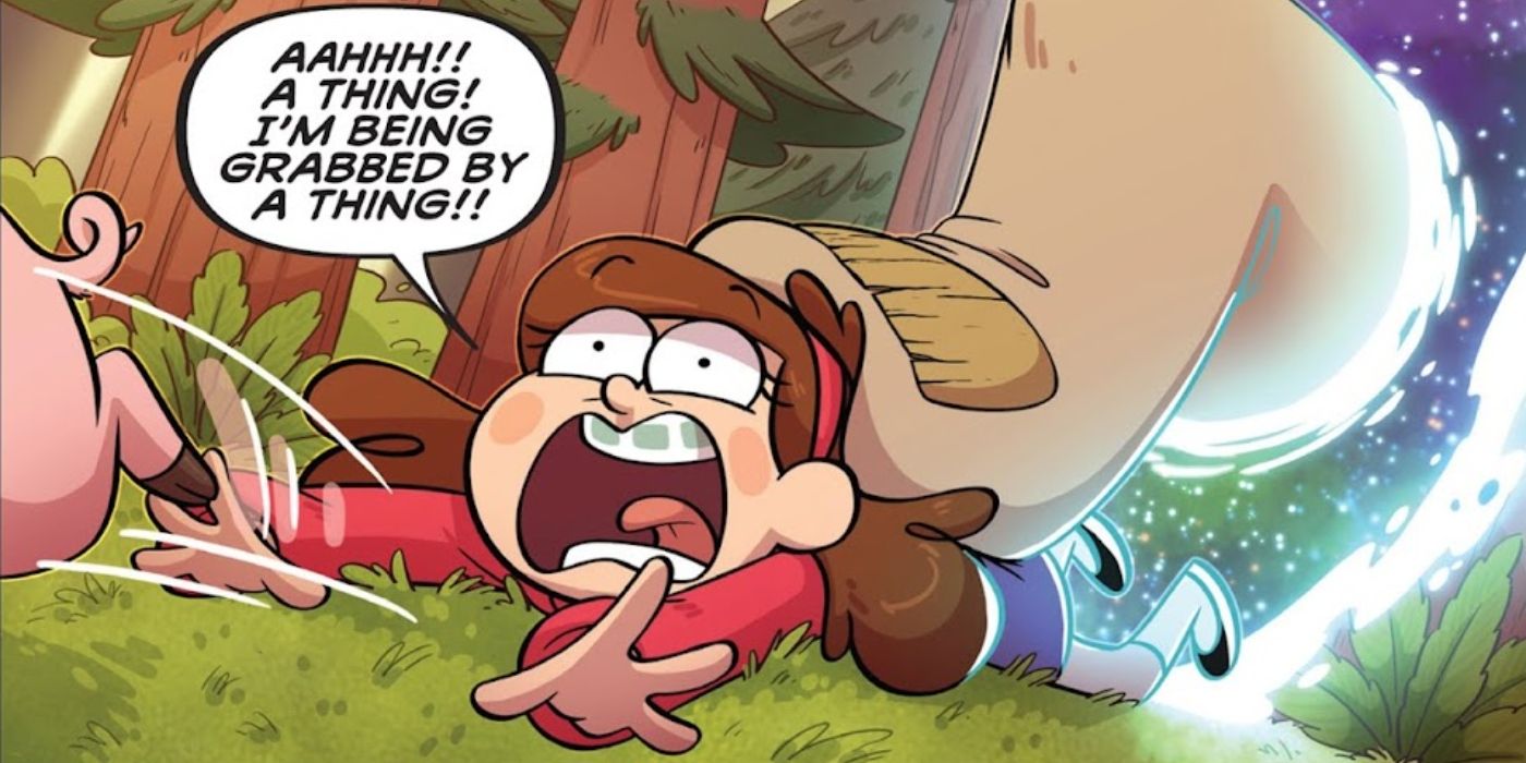 Mabel de Gravity Falls sendo puxada por um portal.