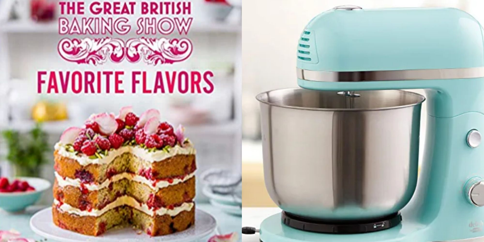 A split image showing a Great British Baking Show cookbook on the left and a Stand mixer on the right available for purchase on Amazon. 