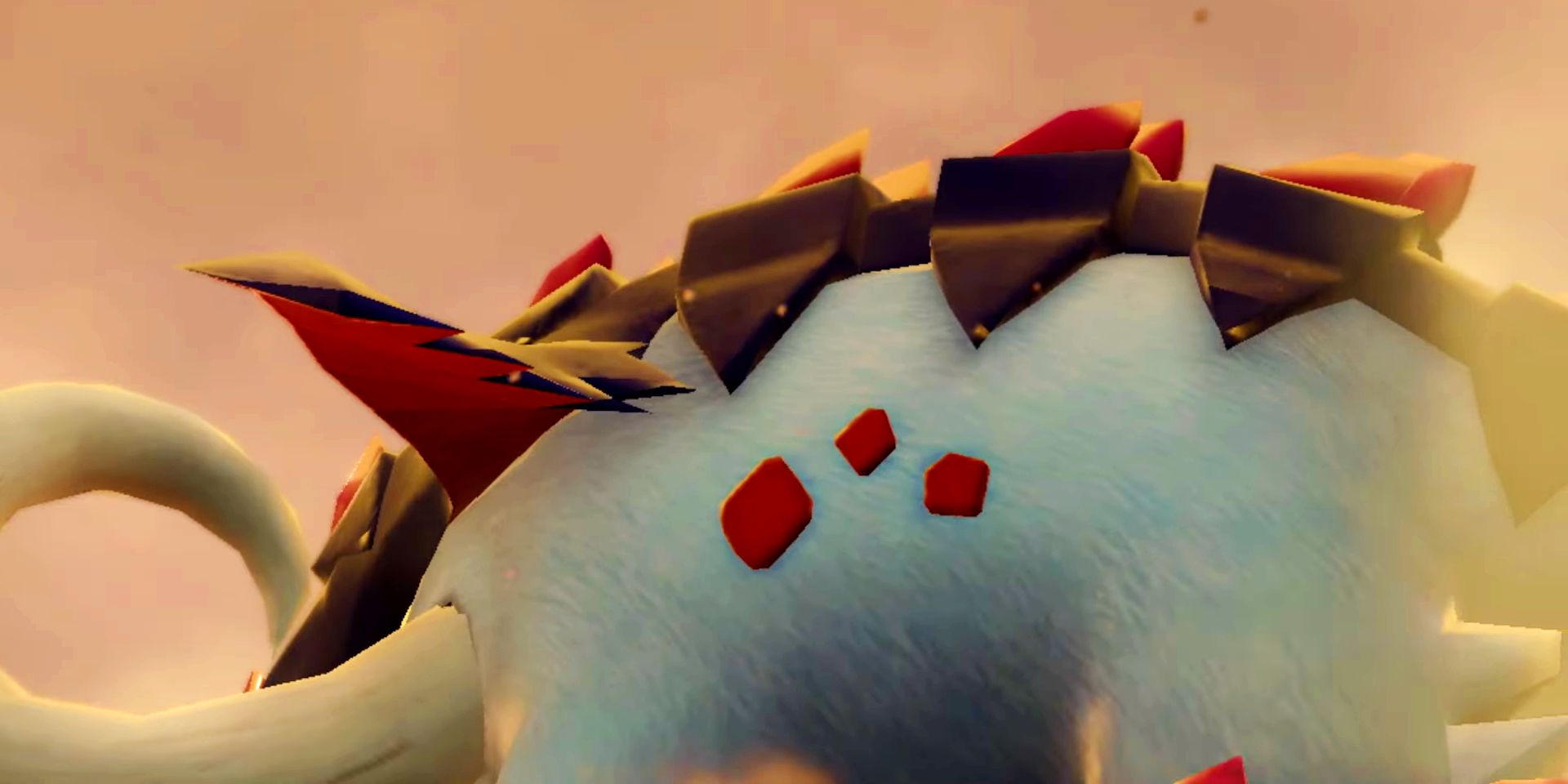 Great Tusk, um Pokémon de Scarlet e Violet, visto de perfil no meio de uma tempestade de areia.