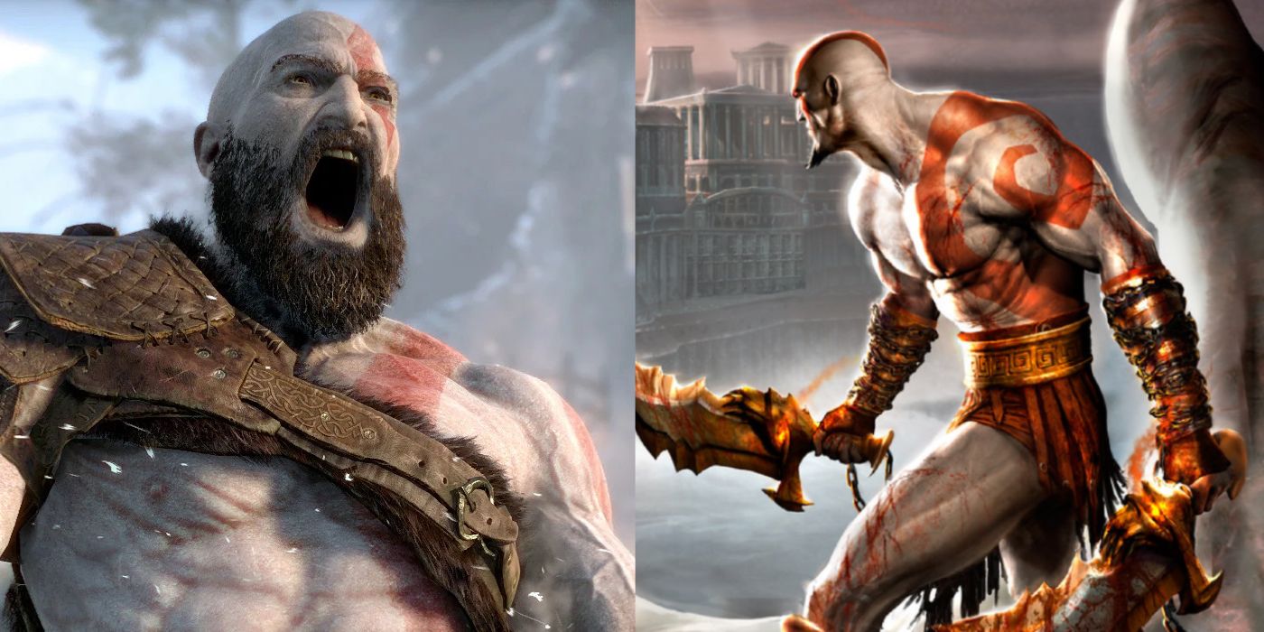 shared Image of Kratos from God of War 2 holding two large knives and facing away from the camera and Ragnarök Kratos roaring at something off screen