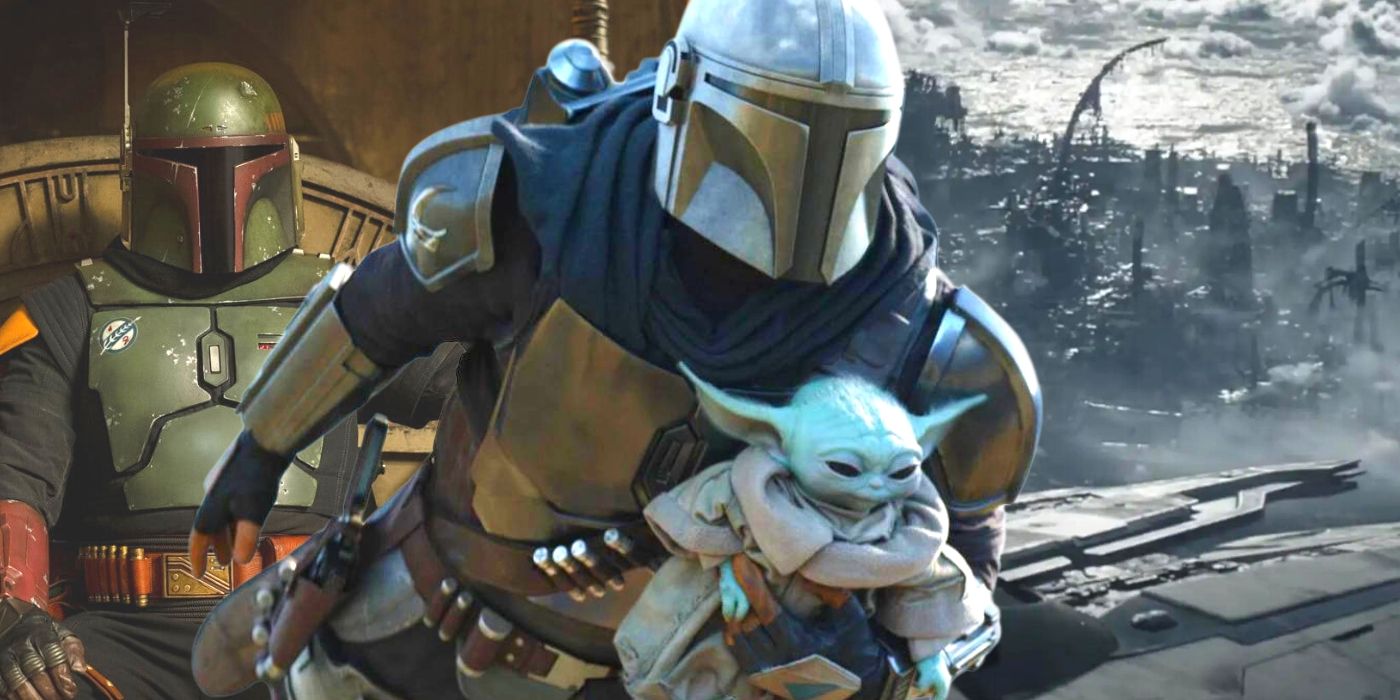 Boba Fett, Din Djarin and Grogu flying, and a shot of Mandalore from the Mandalorian s3 trailer.