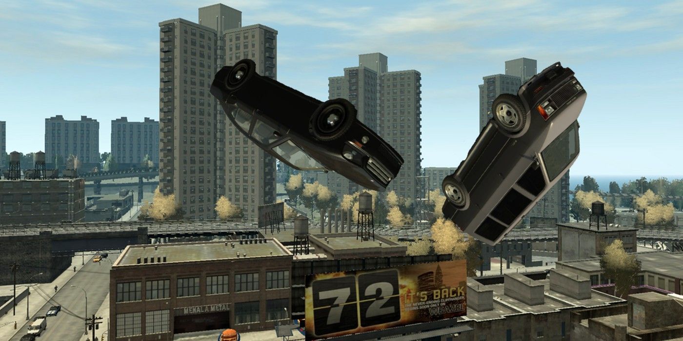 Dua mobil terbang melintasi cakrawala Liberty City dari Grand Theft Auto 4.