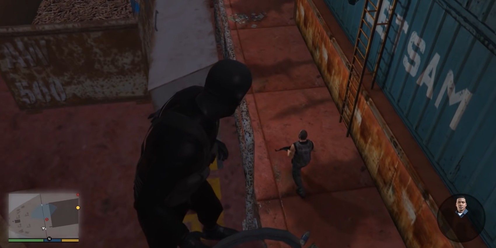 Michael sneaking around a container ship in The Merryweather Heist in Grand Theft Auto 5