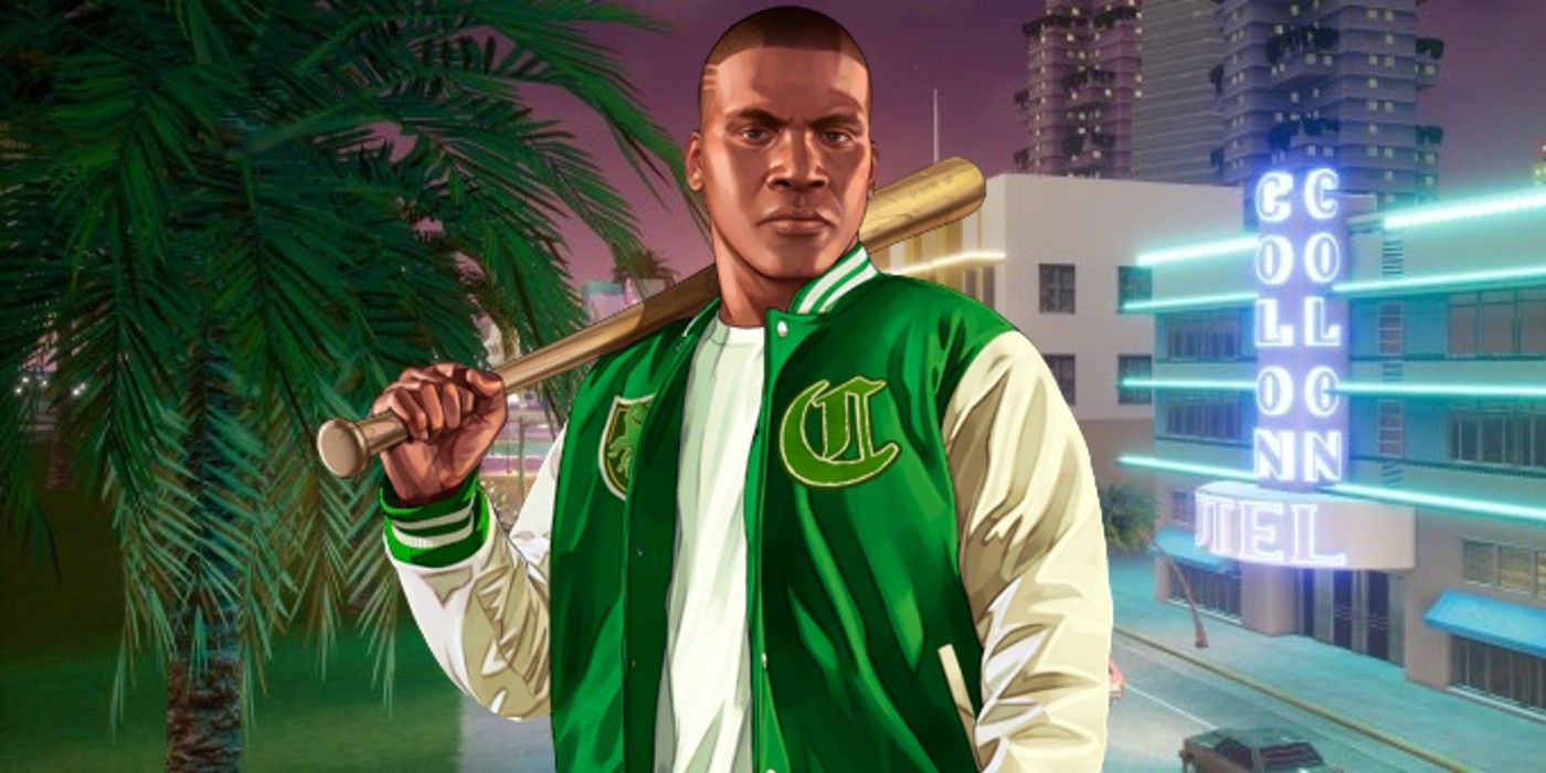 Franklin From Grand Theft Auto 5 with a bat over shoulder and Vice City in background