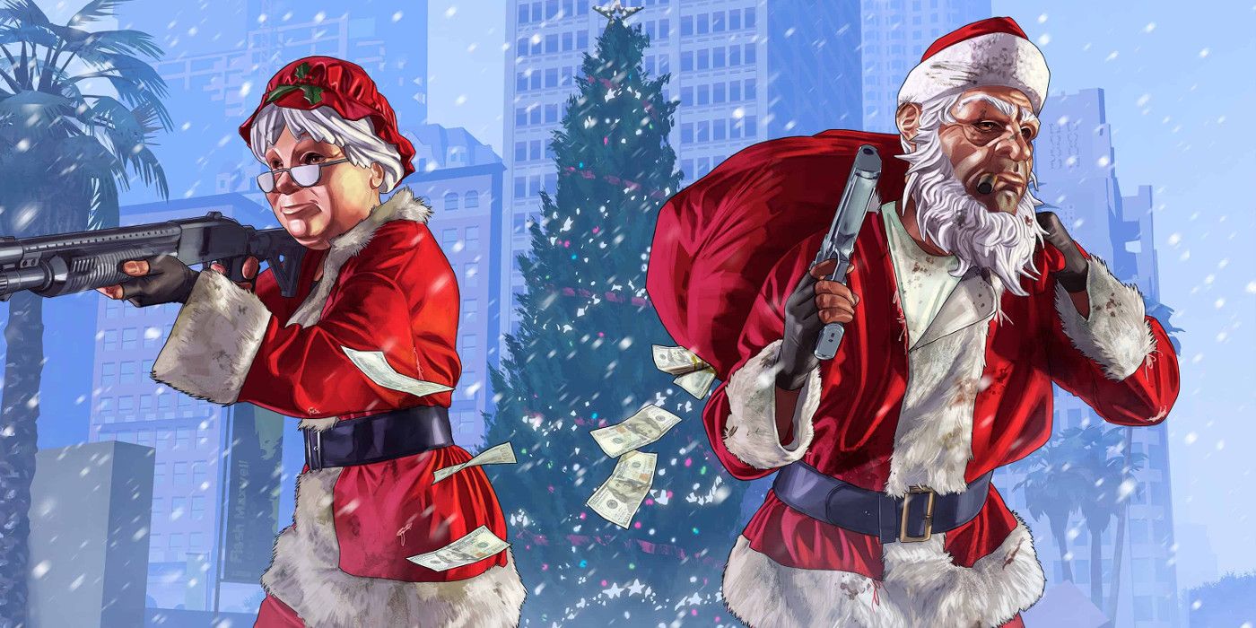 GTA Online's festive outfits, where characters are dressed as Santa and Mrs. Claus.