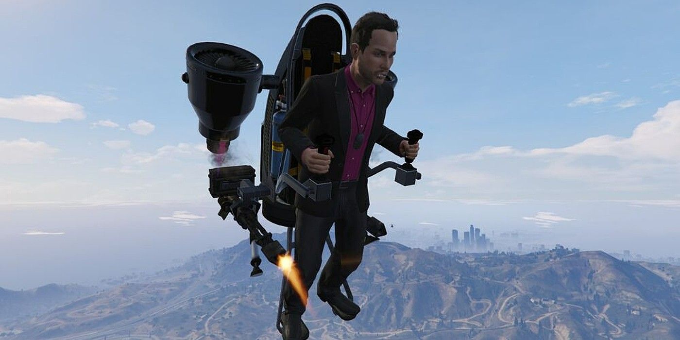 Avon Hertz usando um jetpack no alto do céu em Grand Theft Auto Online's Doomsday Heist