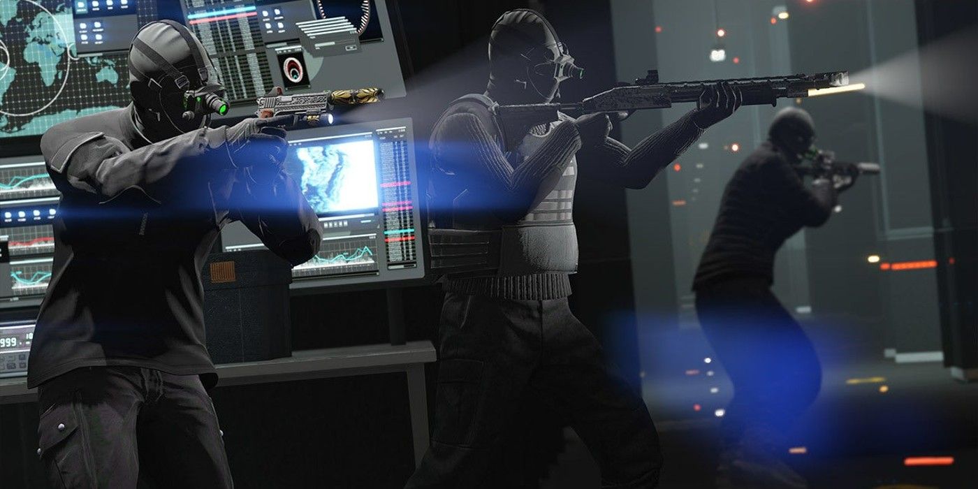 Characters in tactical gear during Grand Theft Auto Online&rsquo;s Doomsday Heist.