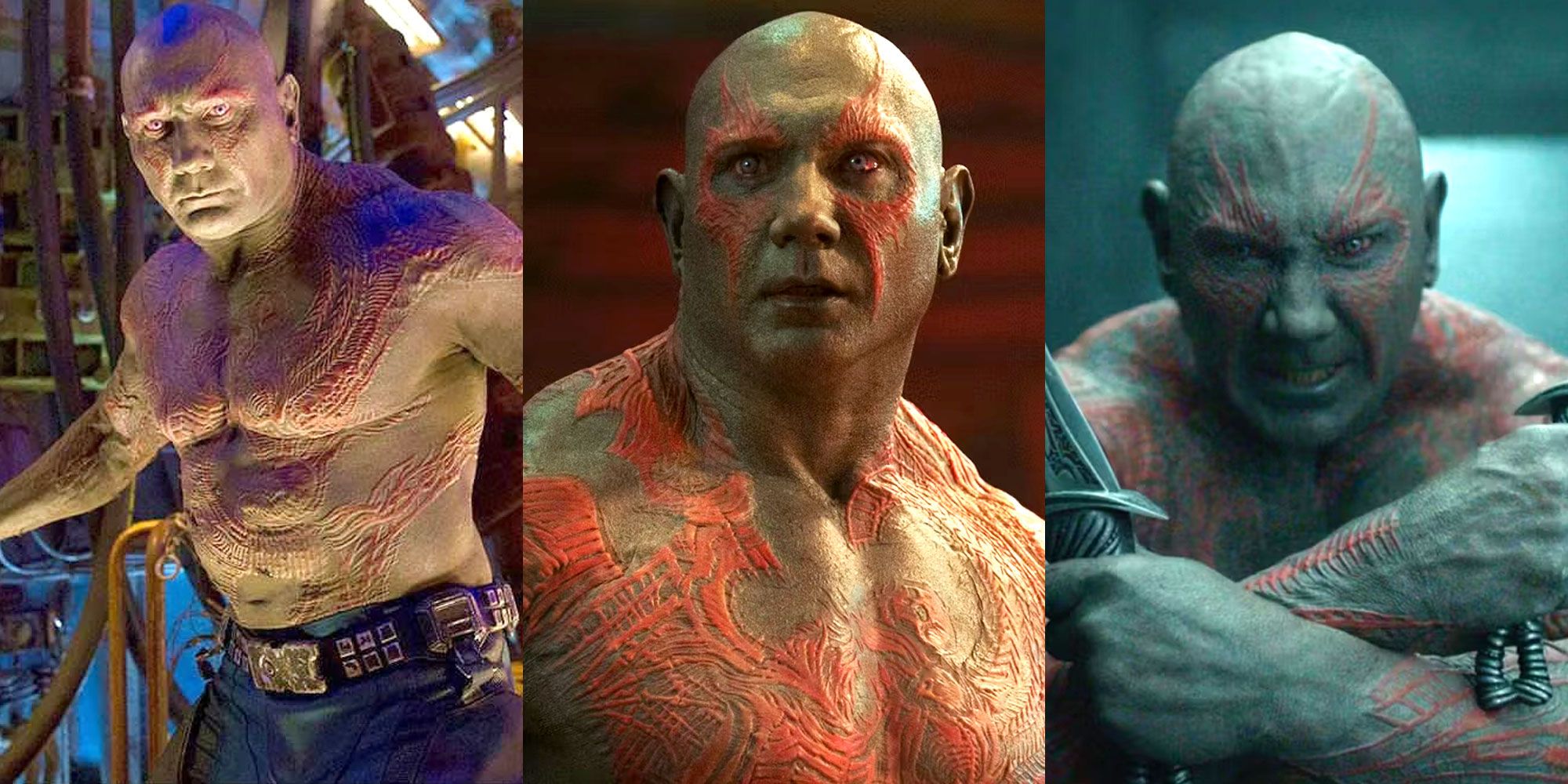 Split image of Dave Bautista as Drax in the Guardians of the Galaxy