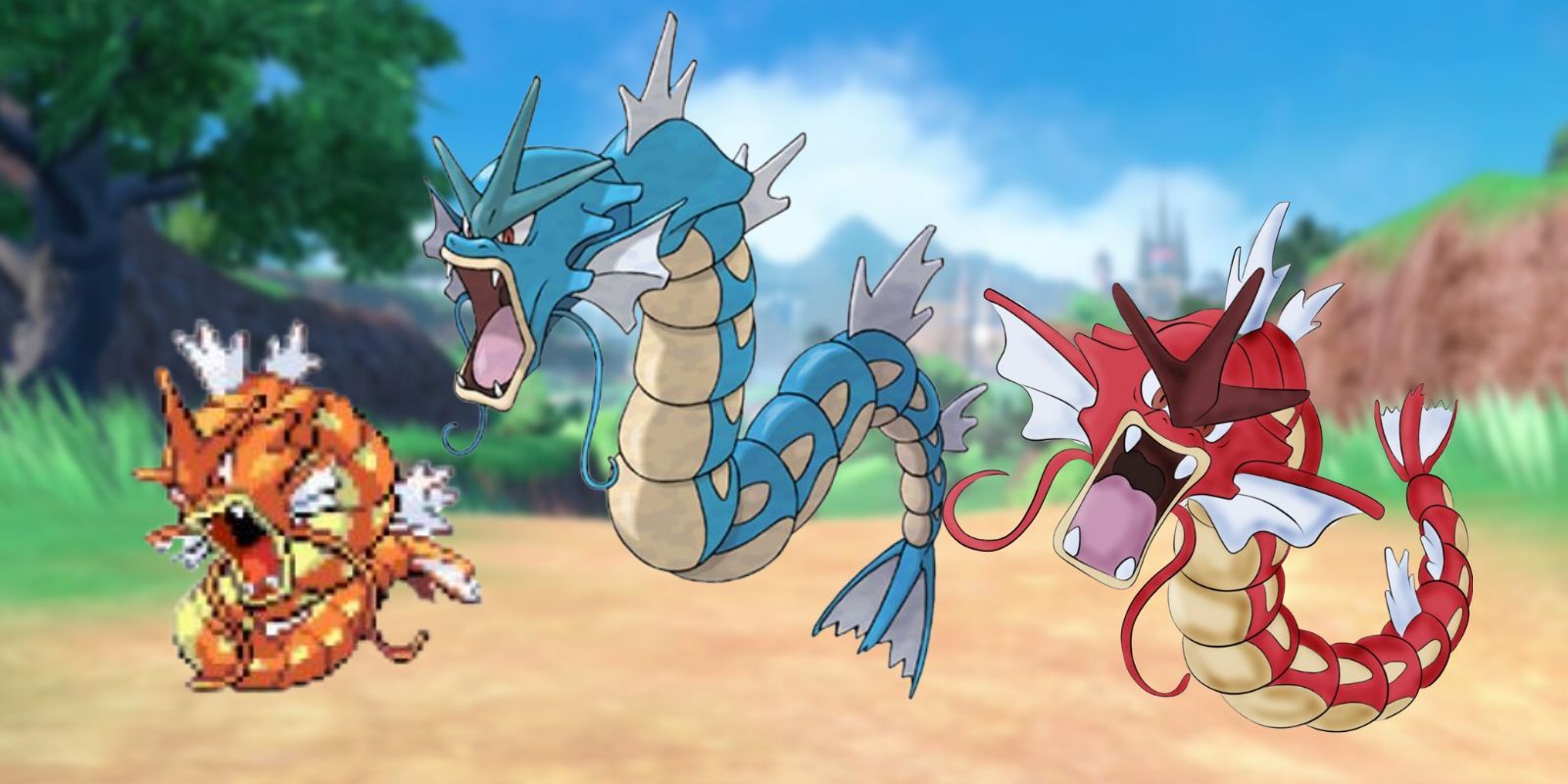 Gyarados in common form and flanked by the original orange shiny and the current red shiny versions.