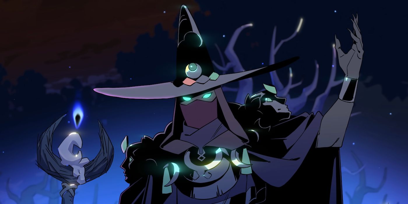 Hecate, the Goddess of Witchcraft, wears a wide-brimmed hat and face covering in Hades 2