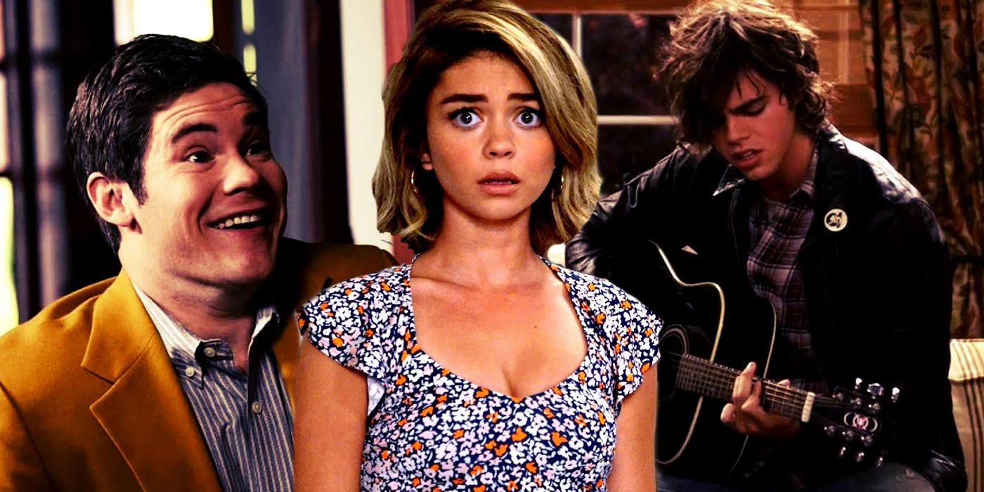 A blended image features Adam Devine, Sarah Hyland, and Reid Ewing as Modern Family characters Andy, Haley, and Dylan