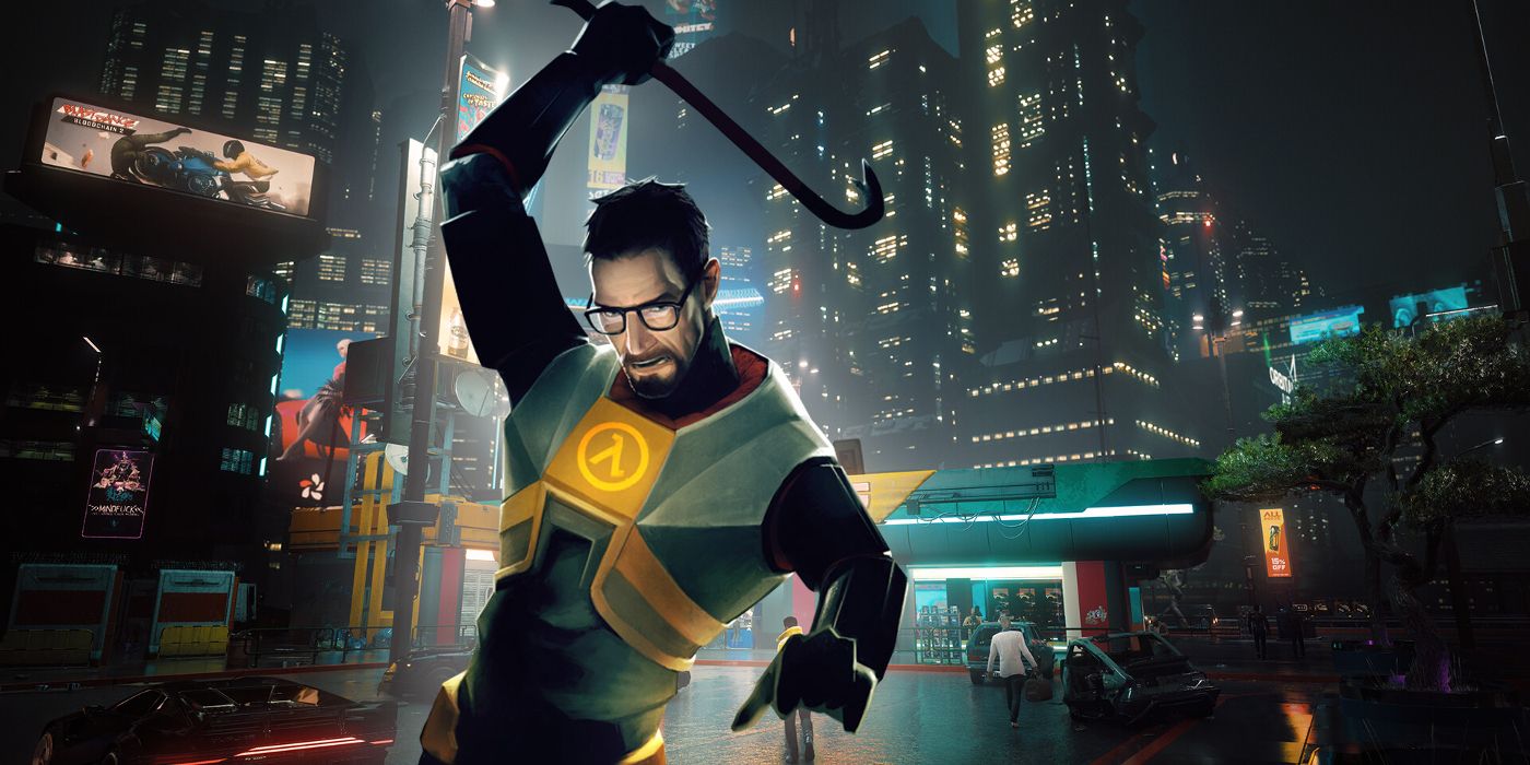O protagonista de Half-Life, Gordon Freeman, segurando um pé de cabra sobre a cabeça em frente a um fundo que mostra a paisagem urbana de Cyberpunk 2077.
