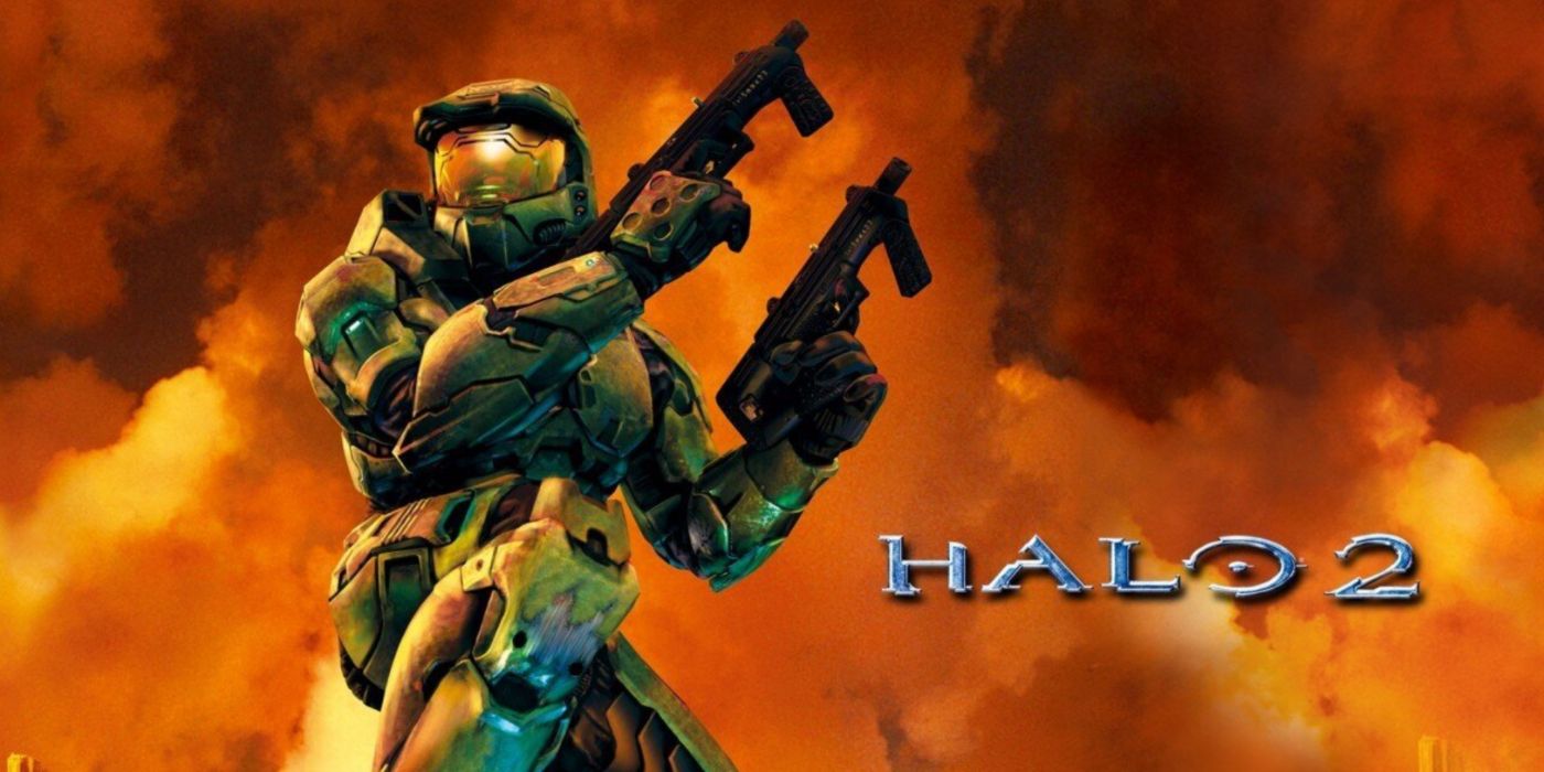 Halo 2 promo art featuring Master Chief's dual-wield SMG.