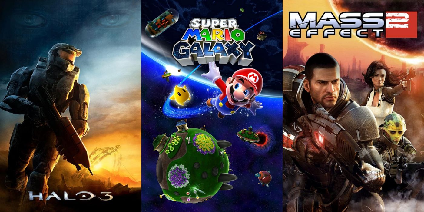 Split image of Halo 3, Super Mario Galaxy, and Mass Effect 2 promo art.
