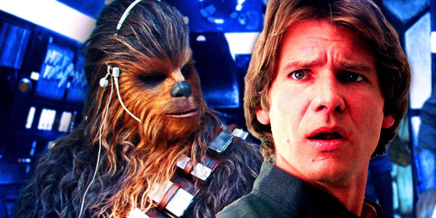 A collaged image of Han Solo and Chewbacca in Star Wars movies.