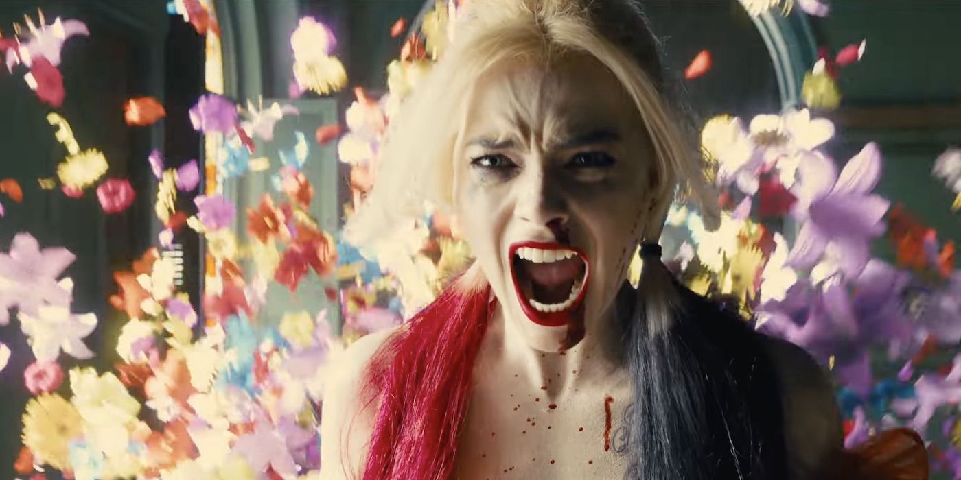 An angry Harley Quinn walking the halls with flowers bursting from behind