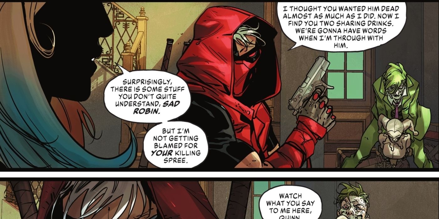 Harley Quinn speaking with Red Hood about the Joker.