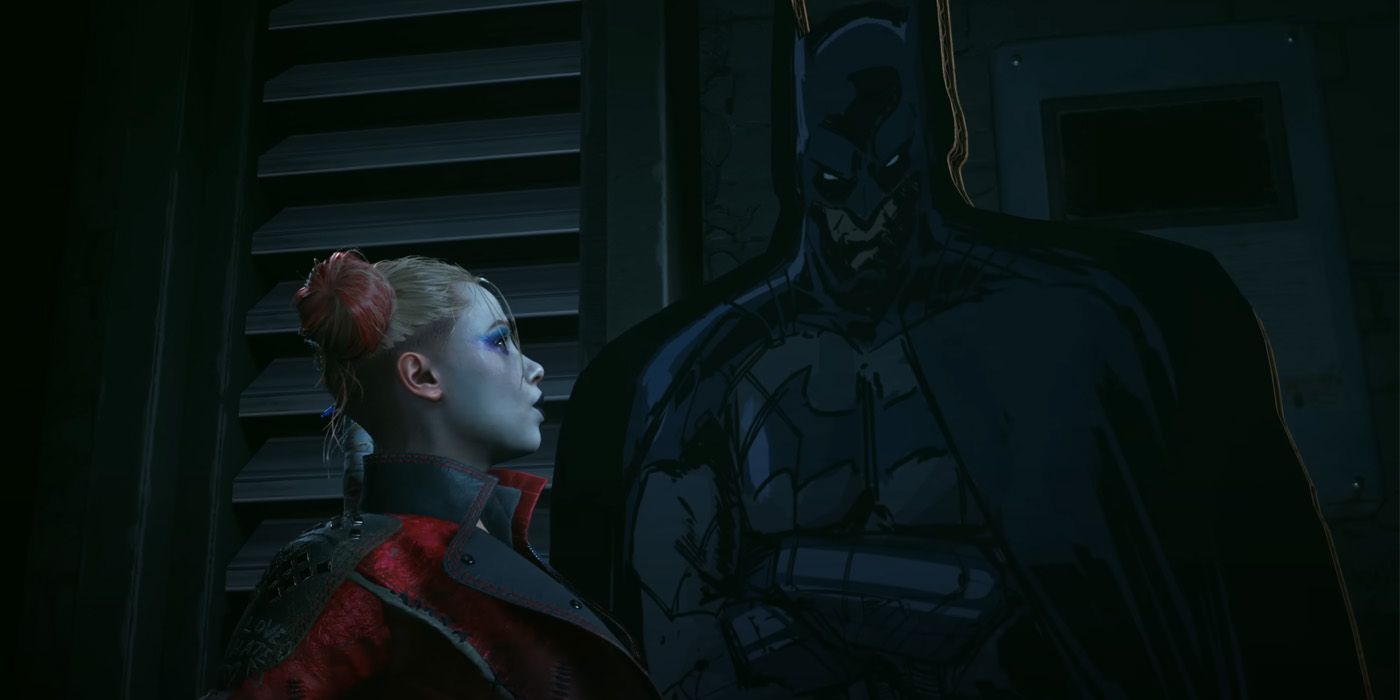 Harley Quinn com um recorte de tamanho real do Batman em Esquadrão Suicida: Mate a Liga da Justiça