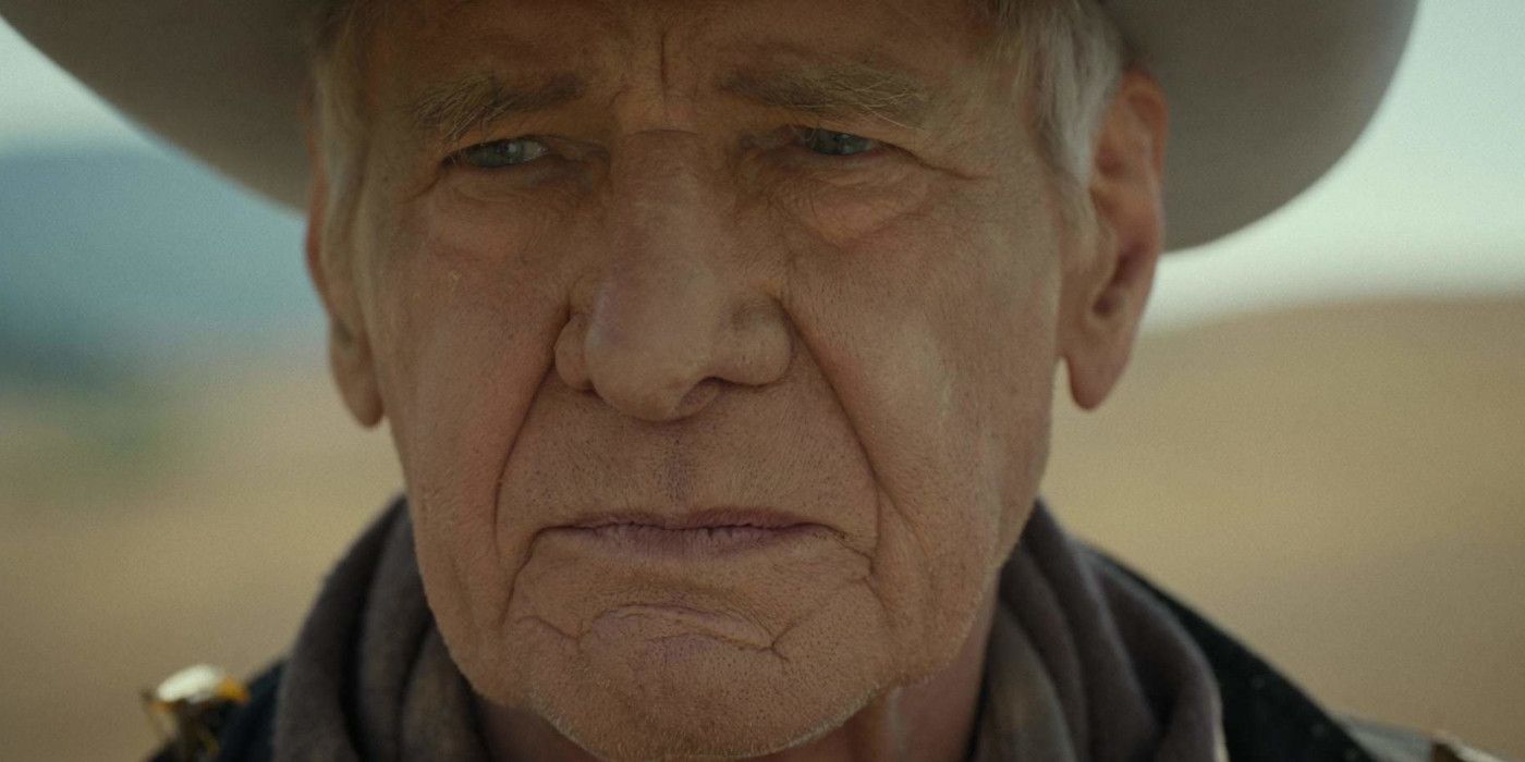 Extreme close-up of Harrison Ford's craggy visage against the backdrop of the endless plain in 1923 season 1, episode 1