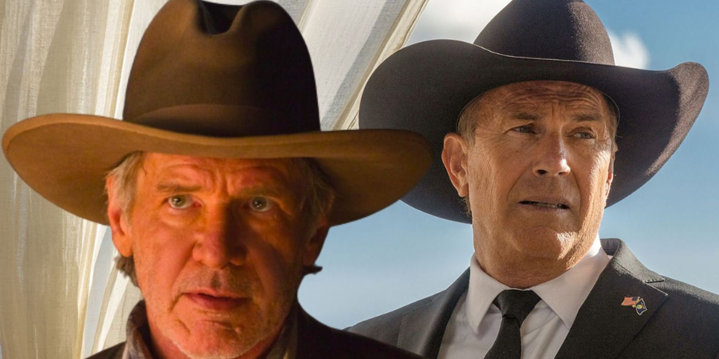 Blended image of Harrison Ford in 1923 and Kevin Costner in Yellowstone close-ups both wearing cowboy hats