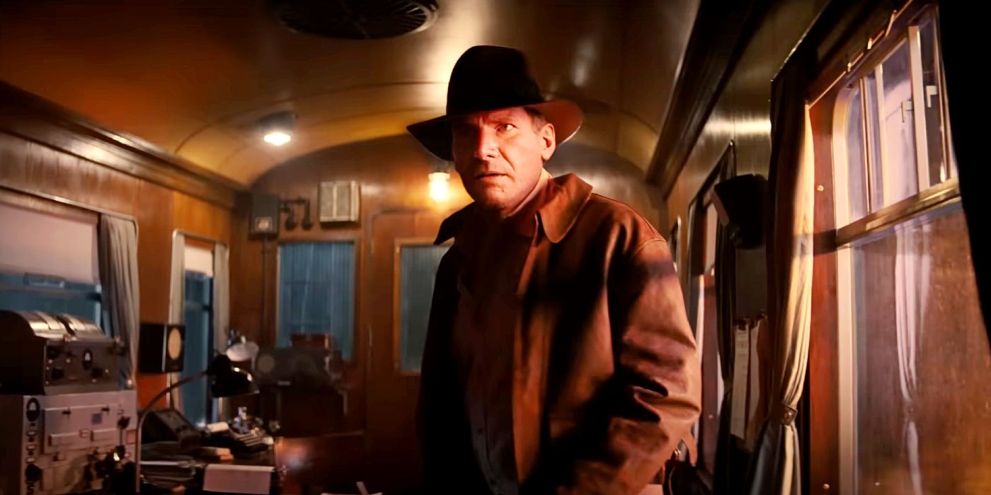 Harrison Ford vieillissant dans un train dans Indiana Jones et le cadran du destin.