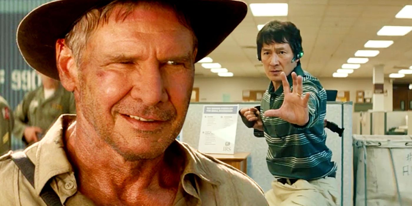Custom image of Harrison Ford as Indiana Jones and Ke Huy Quan in Everything Everywhere All At Once.