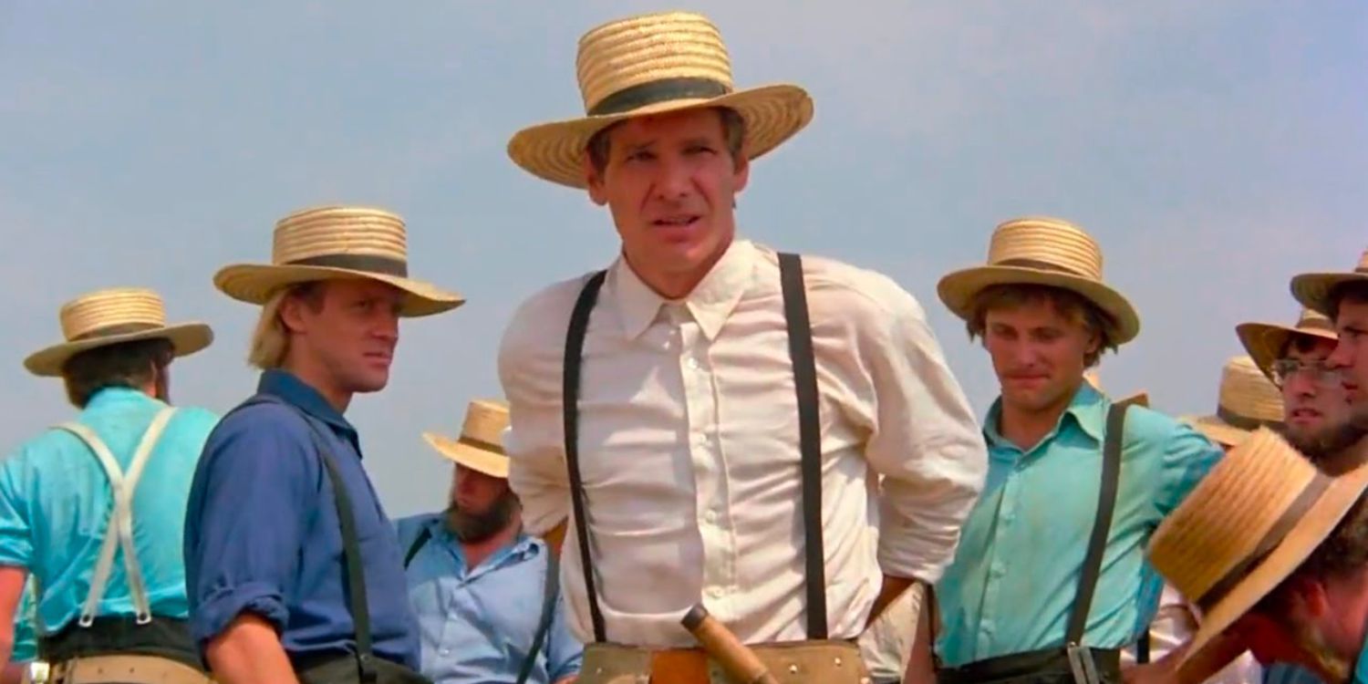 Harrison Ford surrounded by other men in The Witness