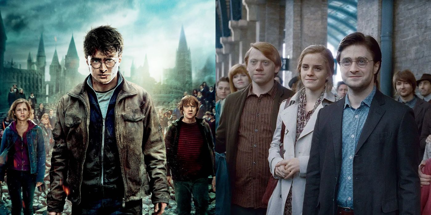 Split image of Harry Potter at the Battle of Hogwarts and an aged Golden Trio at King's Cross Station