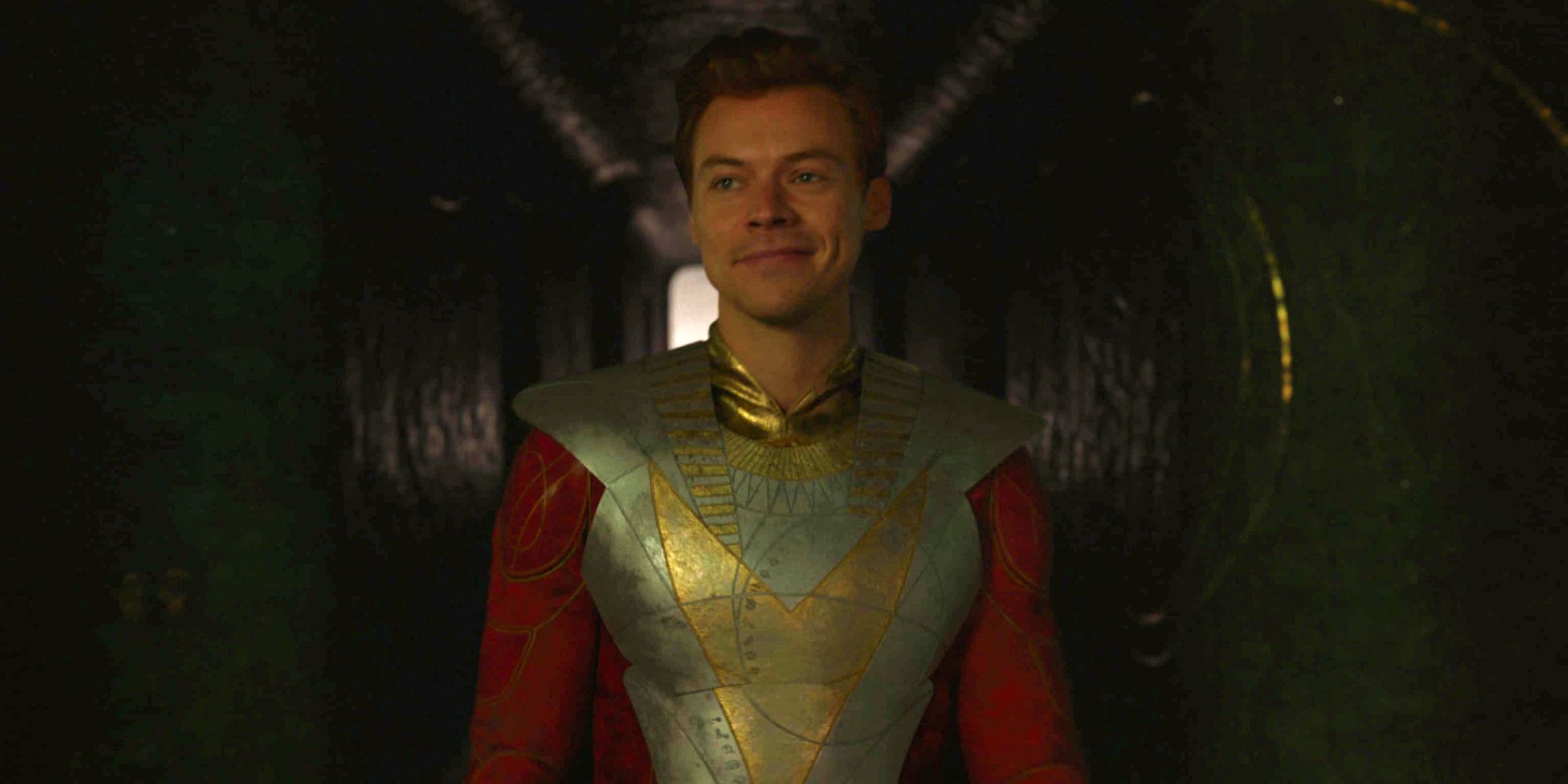 Harry Styles as Eros smirking slightly in Eternals credits scene