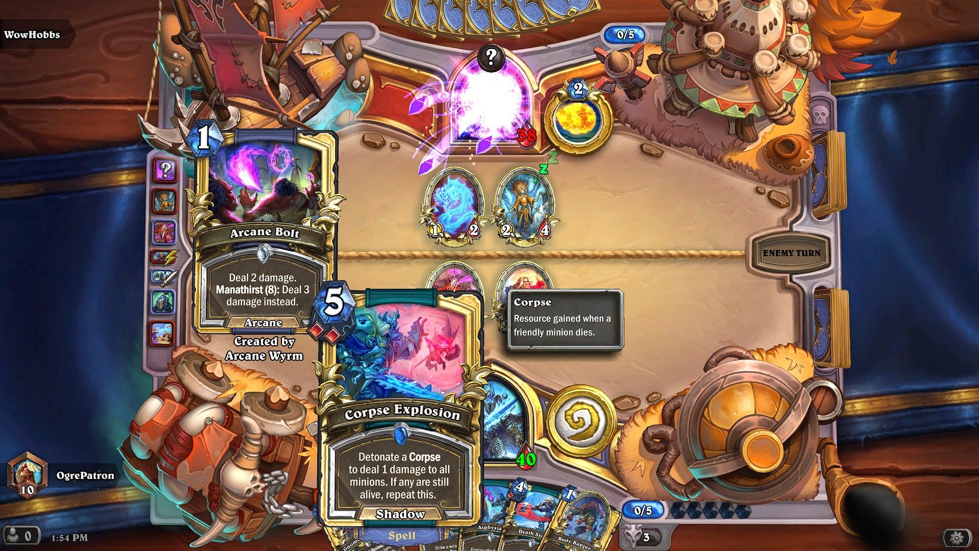 Hearthstone battle board with Arcane Bolt and Corpse Explosion cards highlighted, Arcane Bolt is being cast.