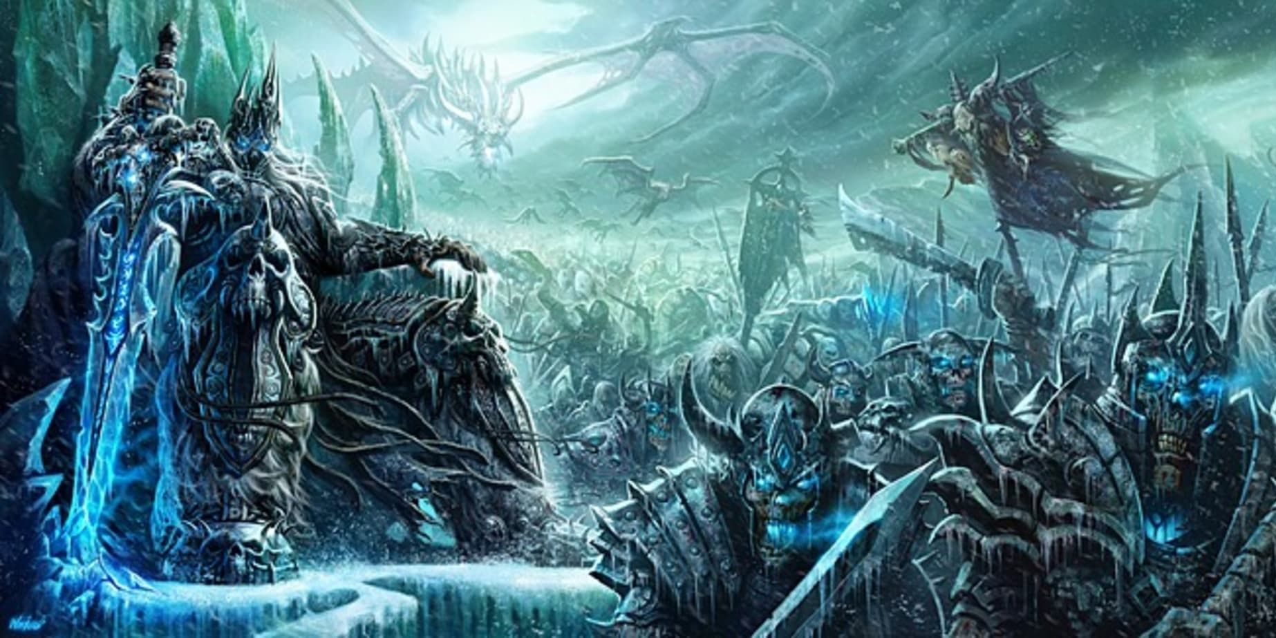 Hearthstone Death Knight on a throne surrounded by warriors and a dragon in the sky.