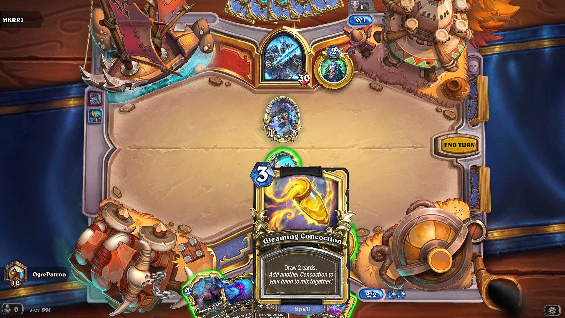 Hearthstone battle with a Gleaming Concoction in the player's hand being highlighted.
