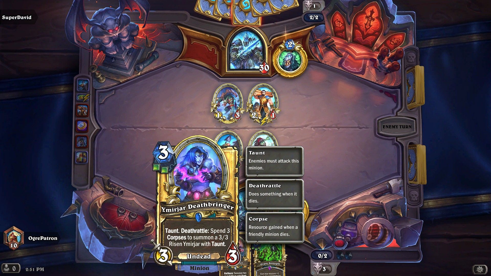 Hearthstone battle with Ymirjar Deathbringer Unholy minion card highlighted.