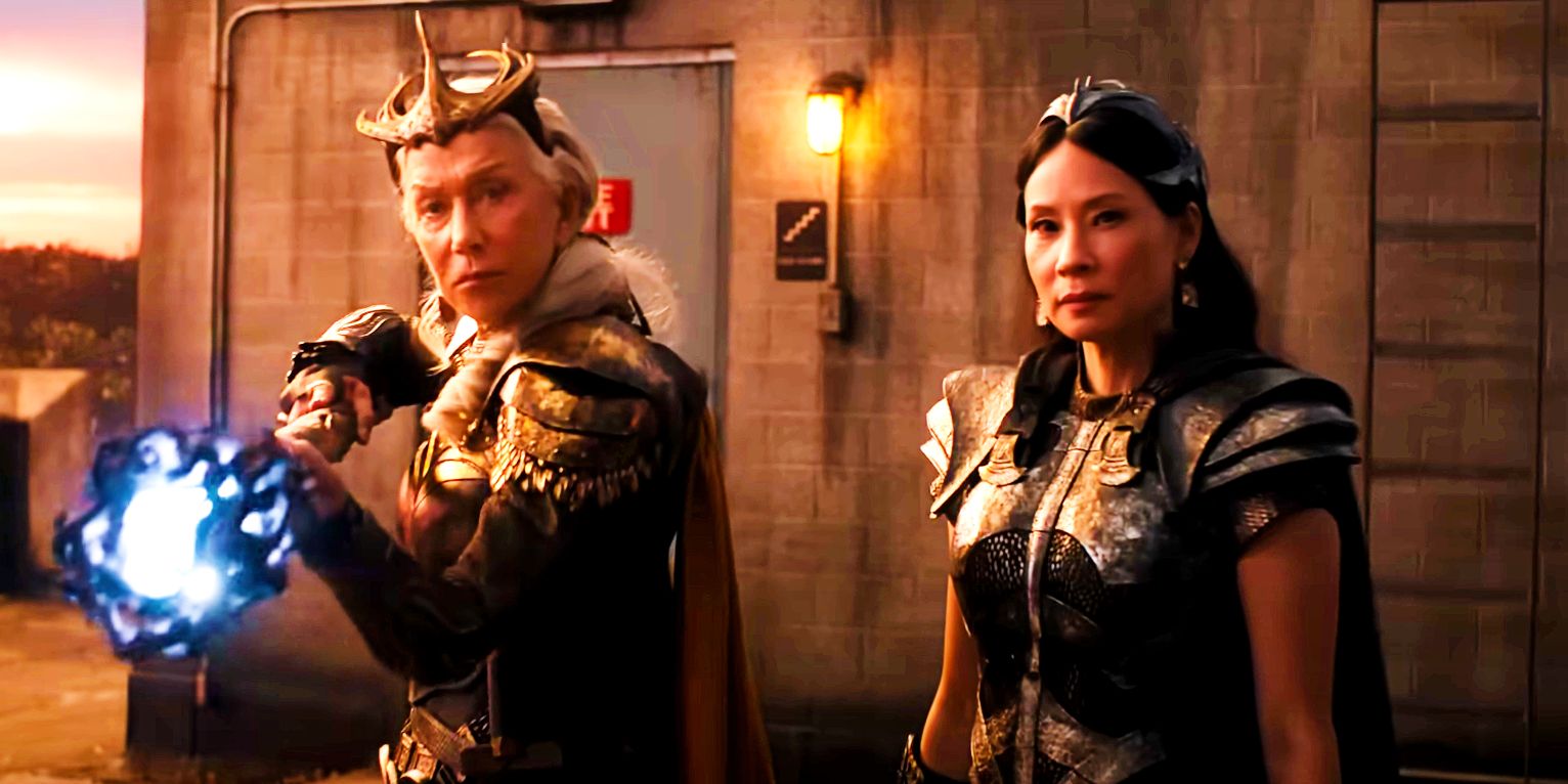 Helen Mirren as Hespera wielding staff beside Lucy Liu as Kalypso in Shazam Fury of the Gods