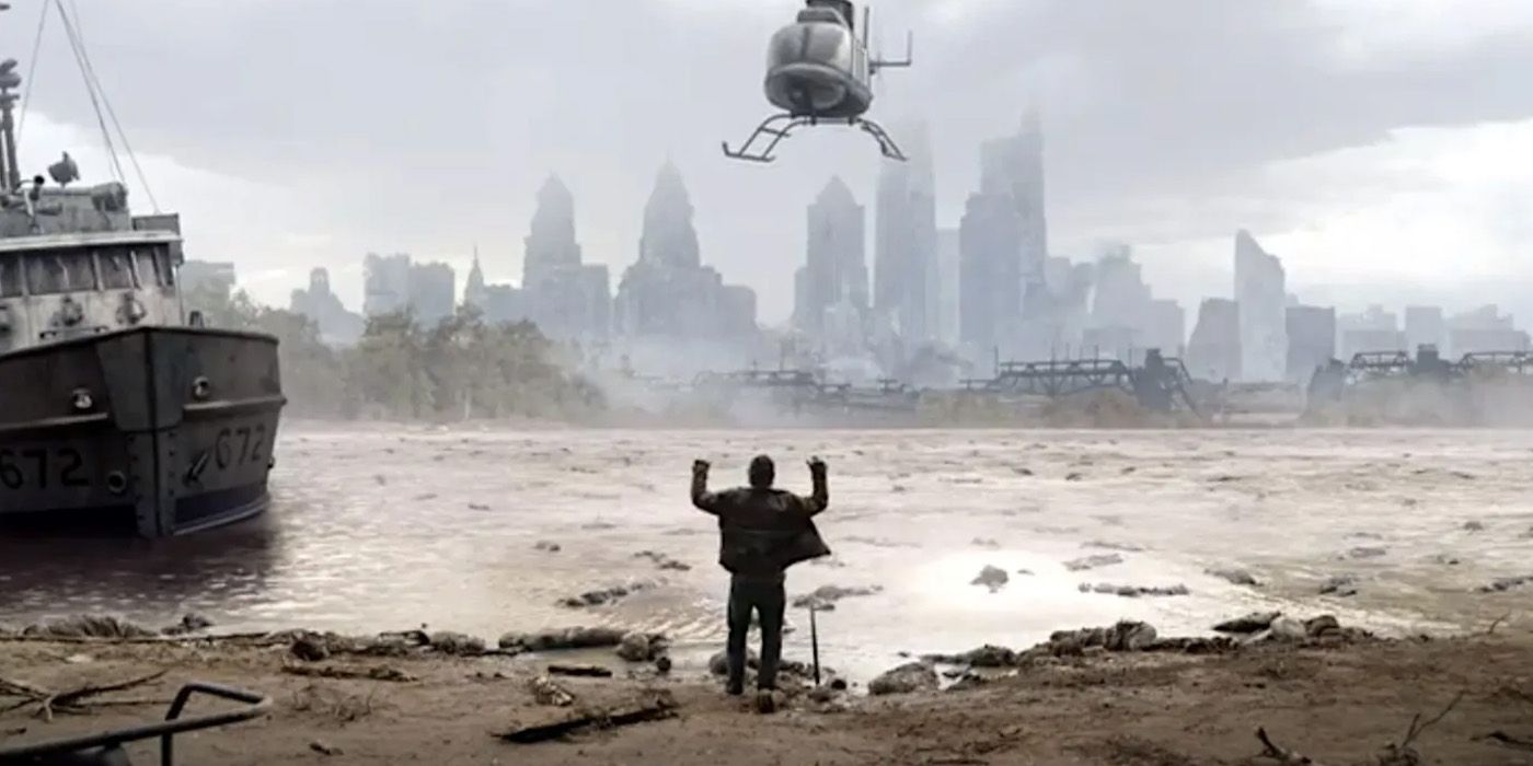 Um helicóptero CRM se aproximando de Rick Grimes no final da série The Walking Dead.