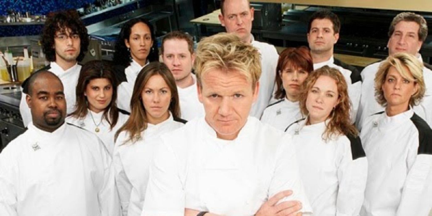 Hell's Kitchen Season 2: A Promotional photo of Gordon Ramsay and the season 2 chefs standing with their arms crossed