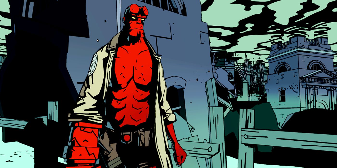Gameplay screenshot of Hellboy Web of Wyrd, depicting Hellboy in the game's titular locale.