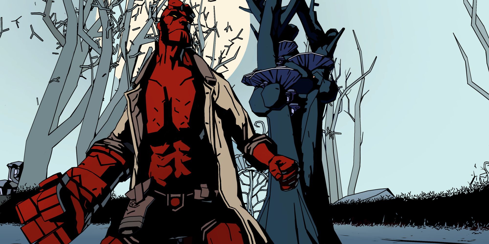 Uma imagem de Hellboy na floresta nos quadrinhos. 