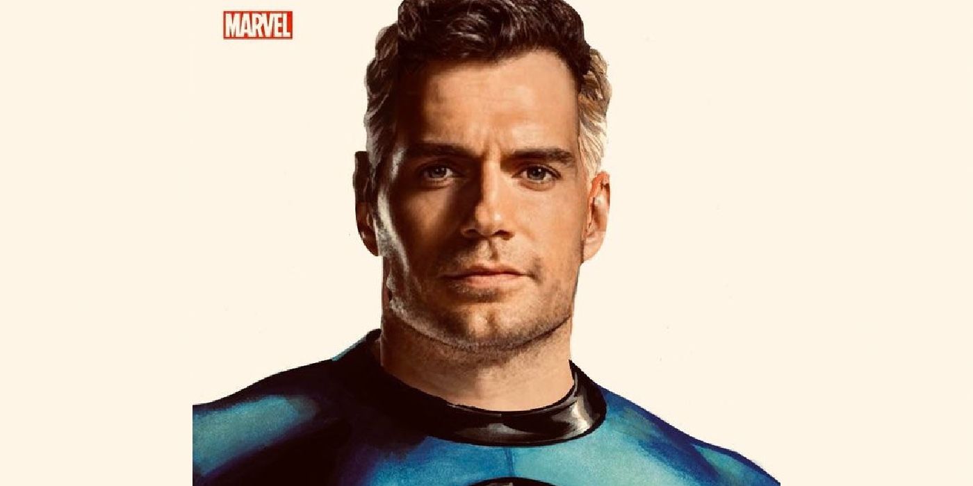 Henry Cavill as MCU's Mister Fantastic with the iconic blue suit and grey hair side