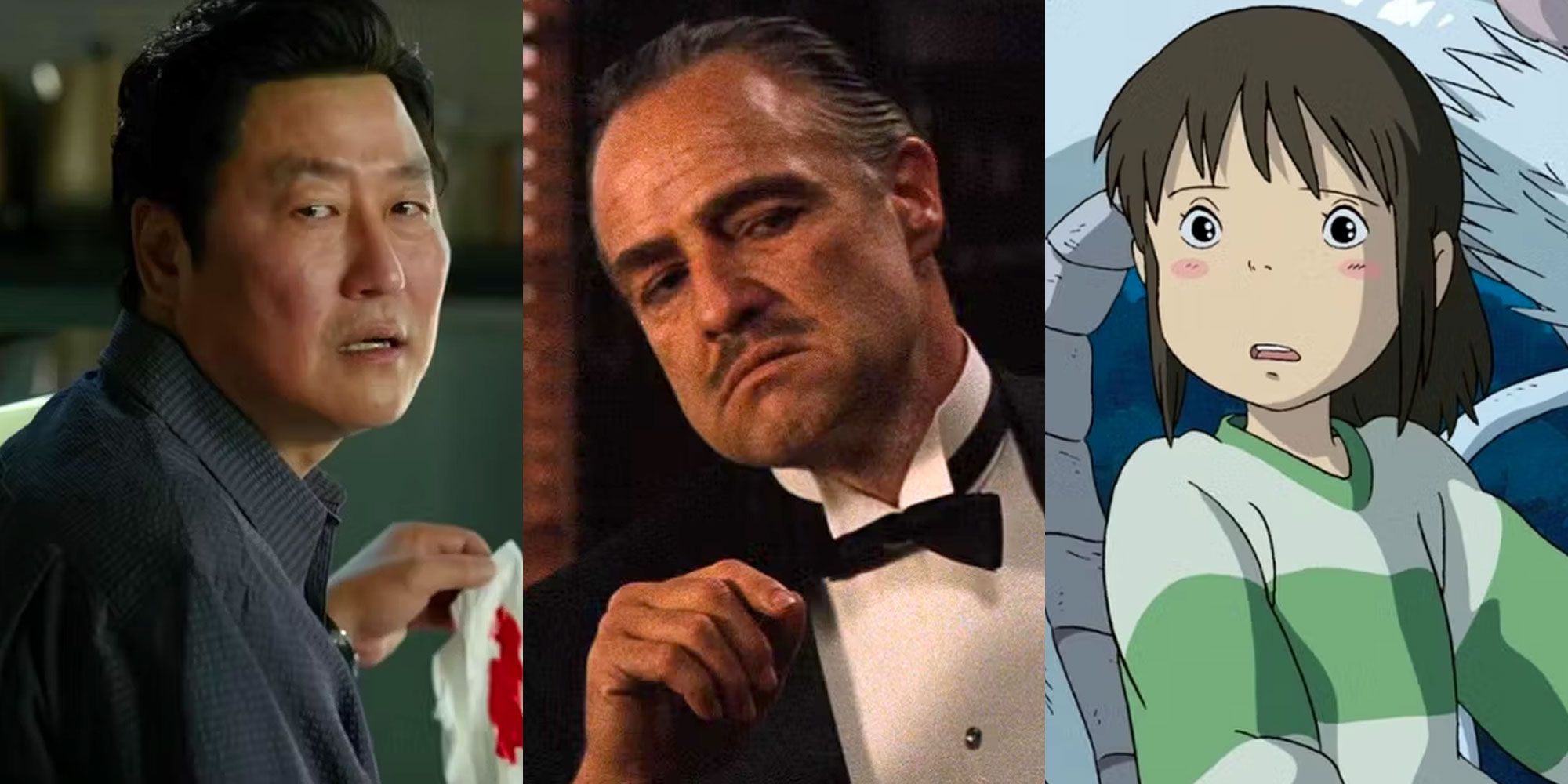 Split image of Parasite, The Godfather and Spirited Away