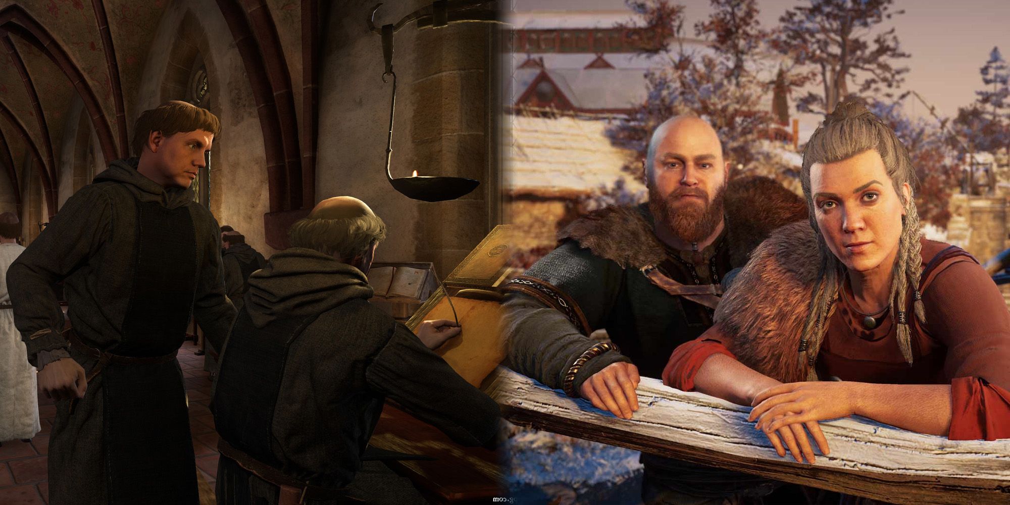 Monks from Kingdom Come Deliverance on left facing away from camera bent chronicle, townspeople from AC Valhalla on right lean over wooden barrier