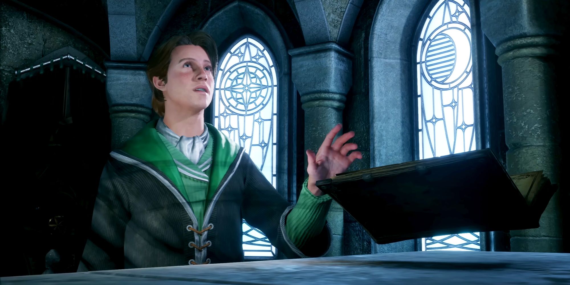 A Slytherin student in Hogwarts Legacy touches a book that begins floating.