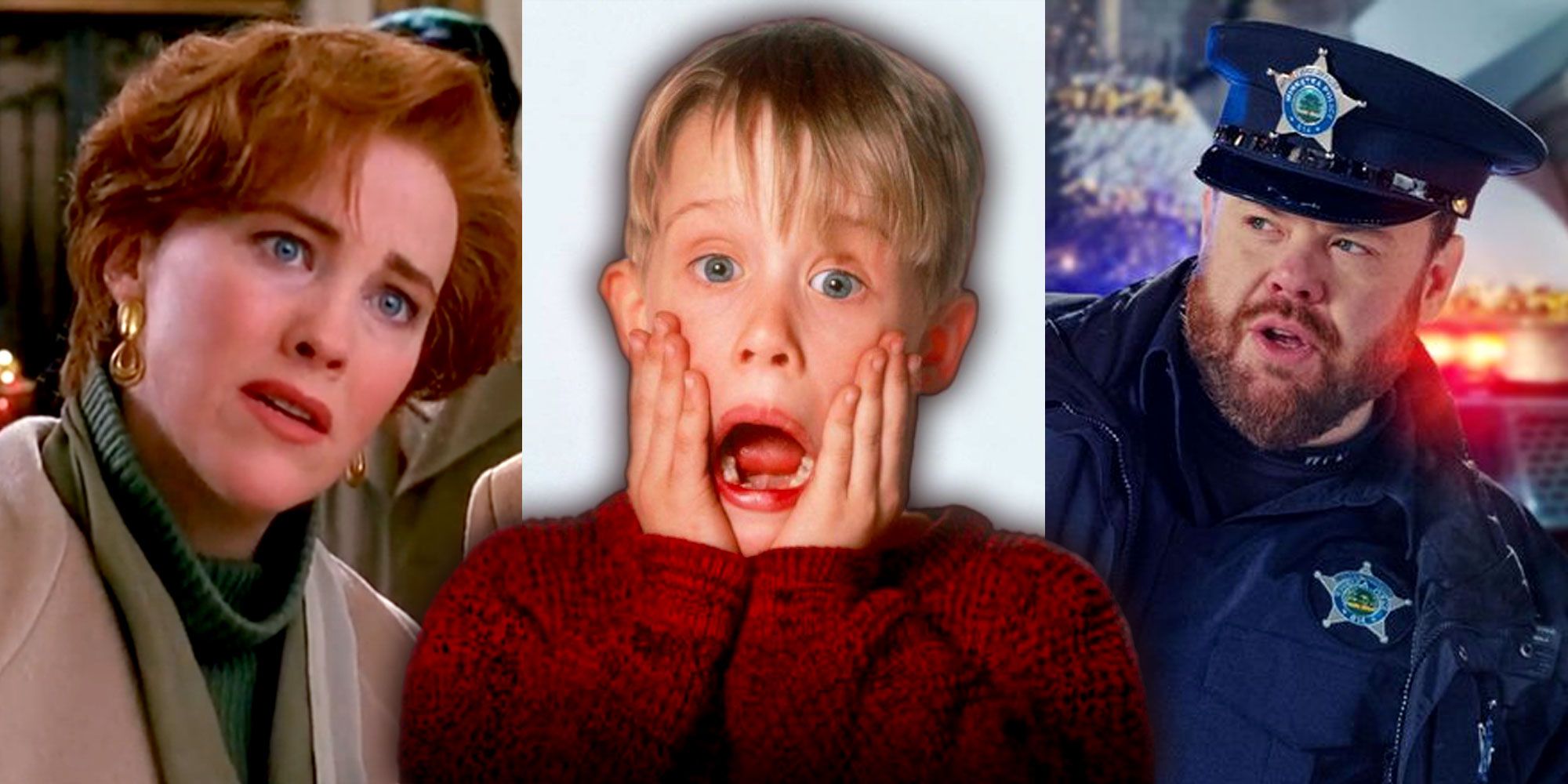 Split image of Catherine O'Hara, Macaulay Culkin and Devin Ratray in Home Alone