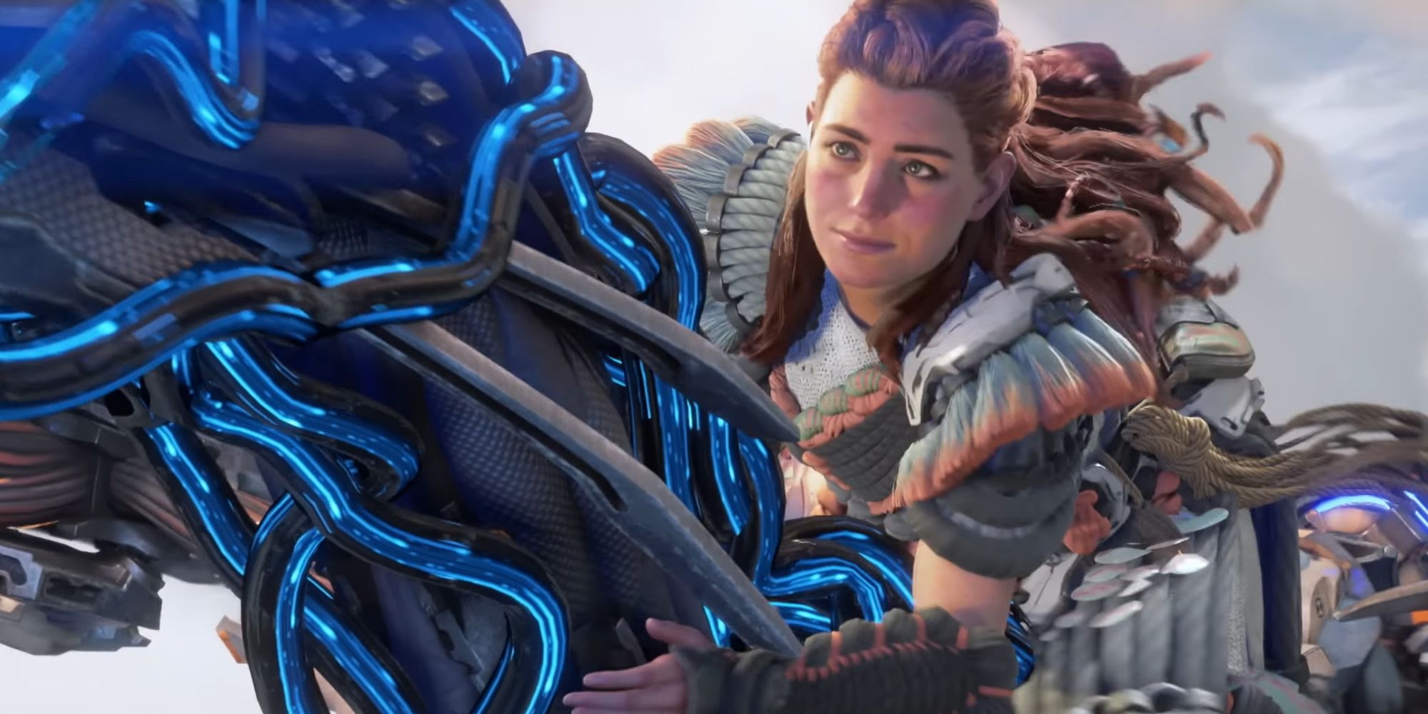 Aloy riding a flying machine in Horizon Forbidden West's Burning Shores DLC trailer.