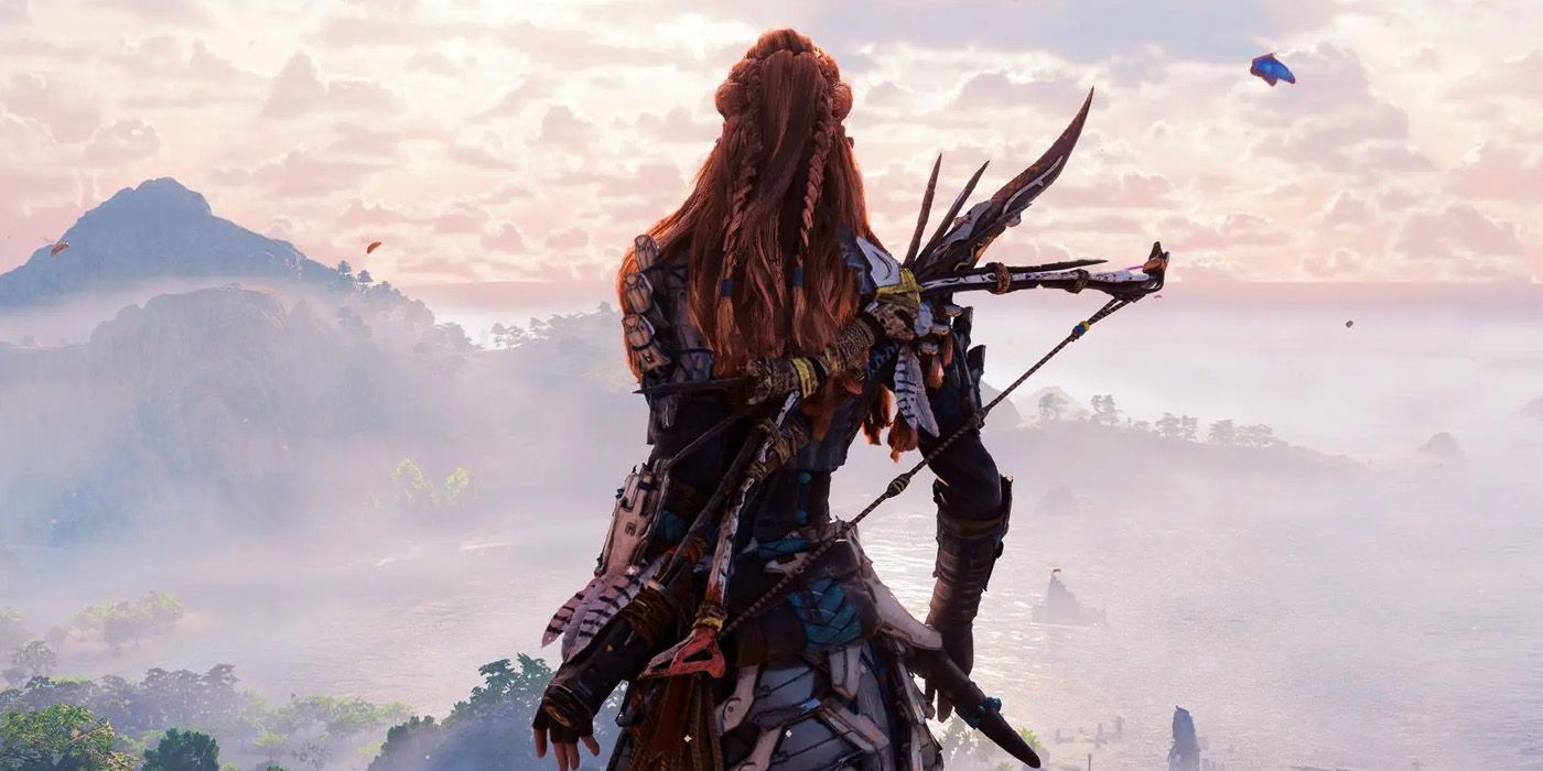 A screenshot of Aloy looking off into the distance in Horizon Forbidden West.