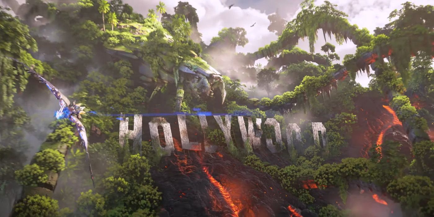 A screenshot from the upcoming Horizon Forbidden West Burning Shores DLC, featuring the Hollywood sign.