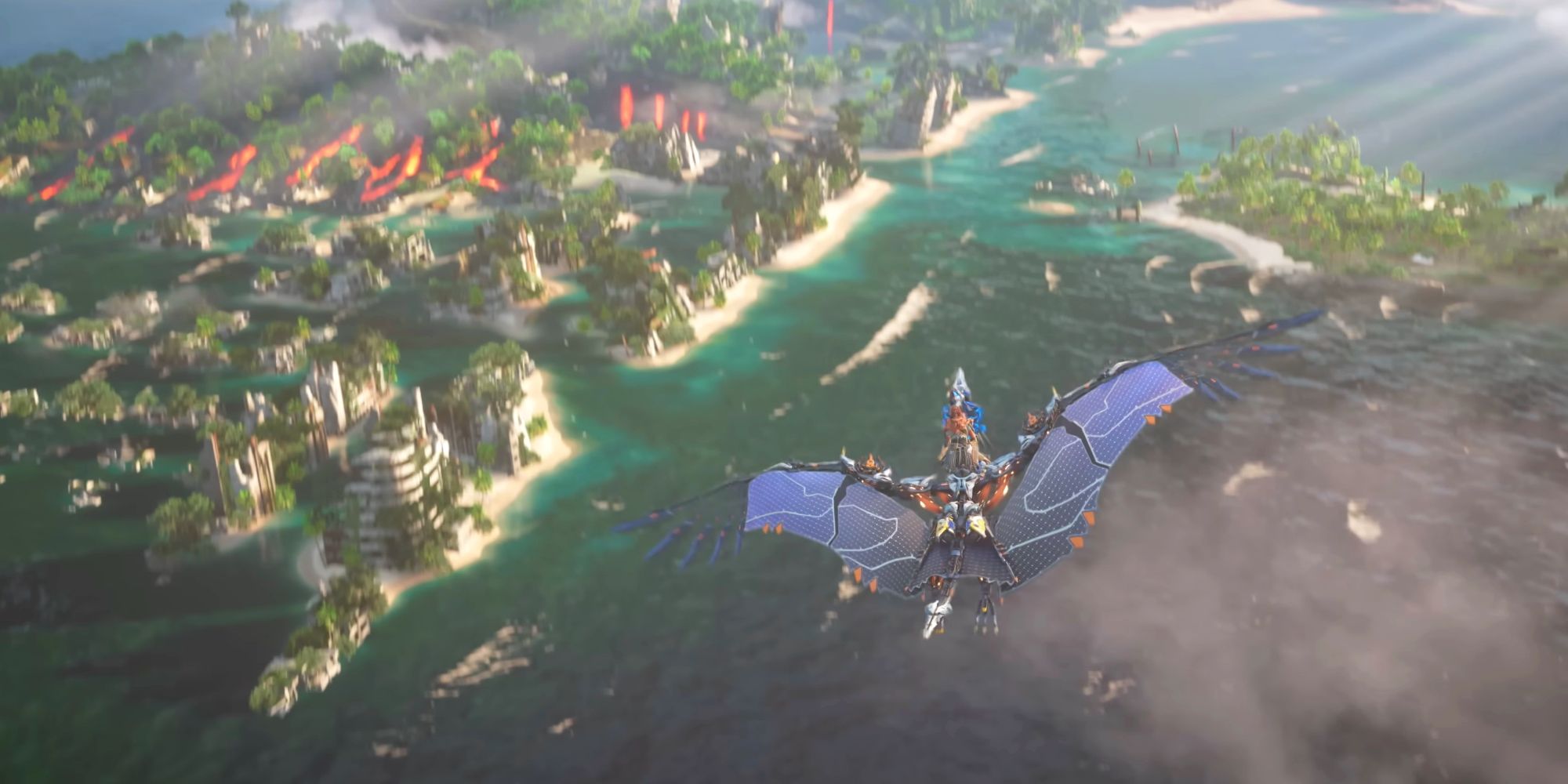 Aloy riding a Sunwing over the ruins of LA, now known as the Burning Shores in Horizon.